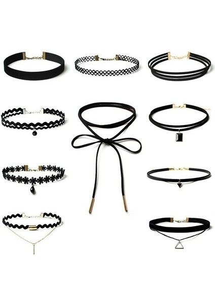 10 Adet / Takım Kadın Siyah Streç Dantel Kadife Gotik Gerdanlık Kolye Takı (Yurt Dışından)