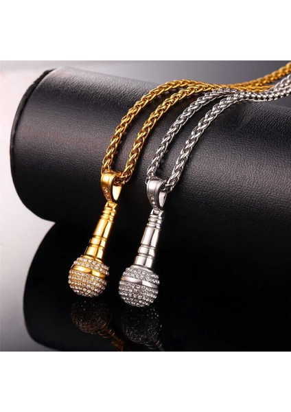Gümüş Buzüstü Mikrofon Kolye Paslanmaz Çelik Tam Kristal / Rhinestone Hip Hop Müzikal Mücevherat Kolye (Yurt Dışından) fiyatları