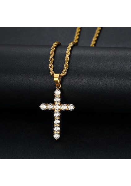 Altın Bling Zirkon Hip Hop Haç Kolye Paslanmaz Çelik Çapraz Kolye (Yurt Dışından)