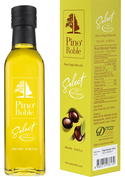 Pinoroble Select Taş Baskı Filtresiz Soğuk Sıkım Yüksek Polifenol Gurme Sızma Zeytinyağı 250 ml