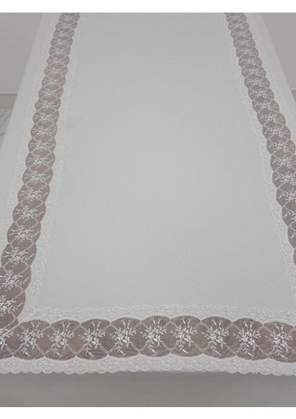 Sidal Lüx Dantelli Krep Kumaş Krem Masa Örtüsü Dikdörtgen 170x330 cm - 1003