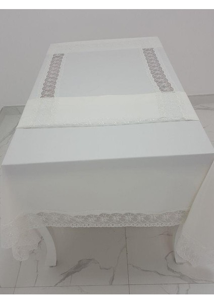 Sidal Lüx Dantelli Krep Kumaş Krem Masa Örtüsü Dikdörtgen 170x330 cm - 1003