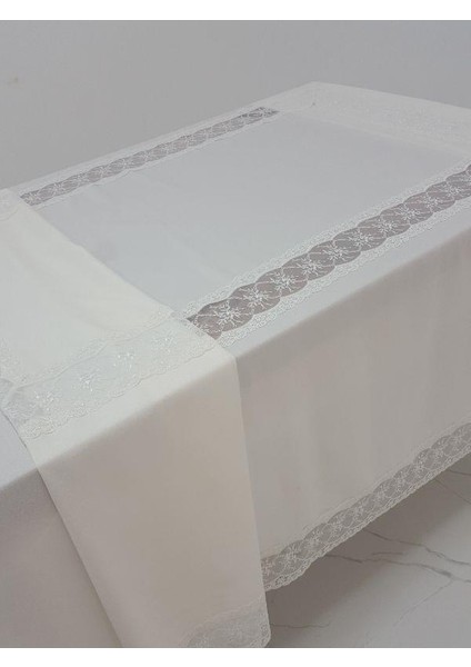 Sidal Lüx Dantelli Krep Kumaş Krem Masa Örtüsü Dikdörtgen 170x330 cm - 1003