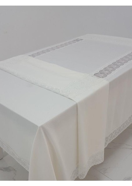 Sidal Lüx Dantelli Krep Kumaş Krem Masa Örtüsü Dikdörtgen 170x330 cm - 1003