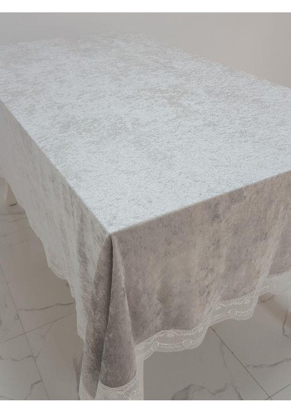 Pera Lüx Dantelli Kadife Kumaş Gümüş Masa Örtüsü Dikdörtgen 160x220 cm - 1010