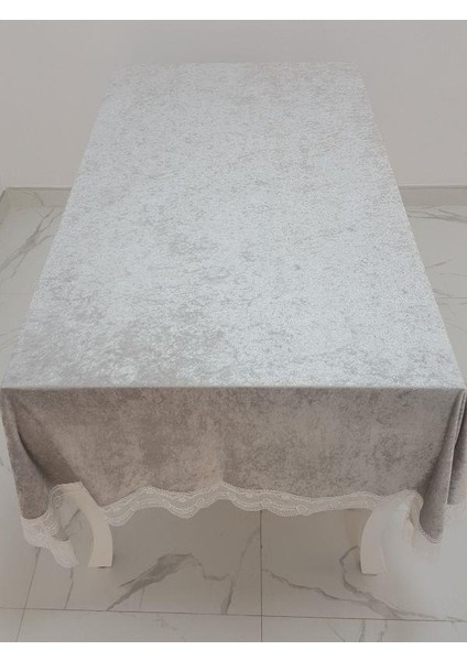 Pera Lüx Dantelli Kadife Kumaş Gümüş Masa Örtüsü Dikdörtgen 160x220 cm - 1010