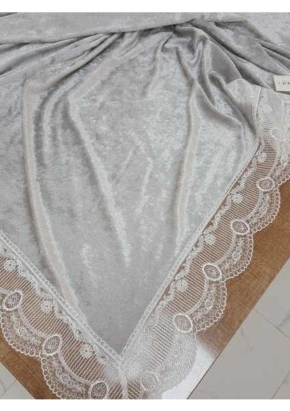 Pera Lüx Dantelli Kadife Kumaş Gümüş Masa Örtüsü Dikdörtgen 160x220 cm - 1010