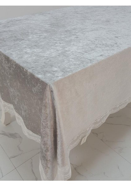 Pera Lüx Dantelli Kadife Kumaş Gümüş Masa Örtüsü Dikdörtgen 160x220 cm - 1010