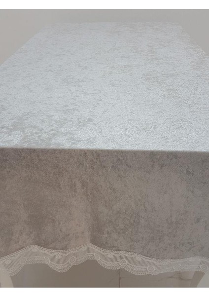 Pera Lüx Dantelli Kadife Kumaş Gümüş Masa Örtüsü Dikdörtgen 160x220 cm - 1010