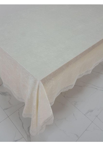 Pera Lüx Dantelli Kadife Kumaş Krem Masa Örtüsü Dikdörtgen 160x220 cm - 1012