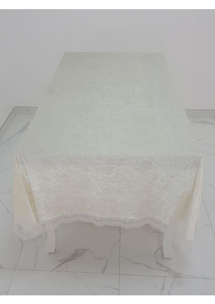 Pera Lüx Dantelli Kadife Kumaş Krem Masa Örtüsü Dikdörtgen 160x220 cm - 1012