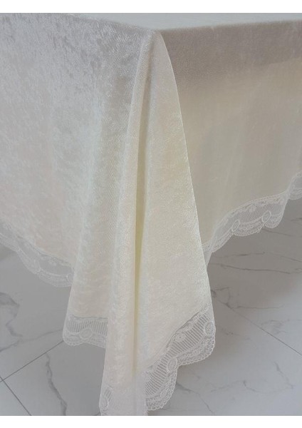 Pera Lüx Dantelli Kadife Kumaş Krem Masa Örtüsü Dikdörtgen 160x220 cm - 1012