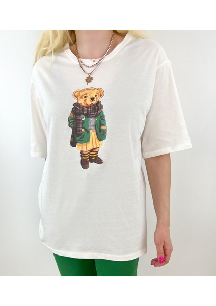 Yeşil Ayıcık Baskılı Beyaz Tişört