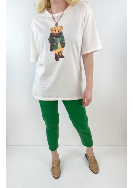 Yeşil Ayıcık Baskılı Beyaz Tişört fiyatları