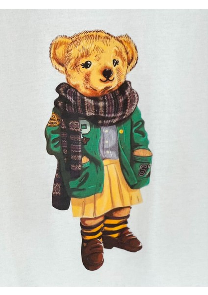 Yeşil Ayıcık Baskılı Beyaz Tişört modelleri