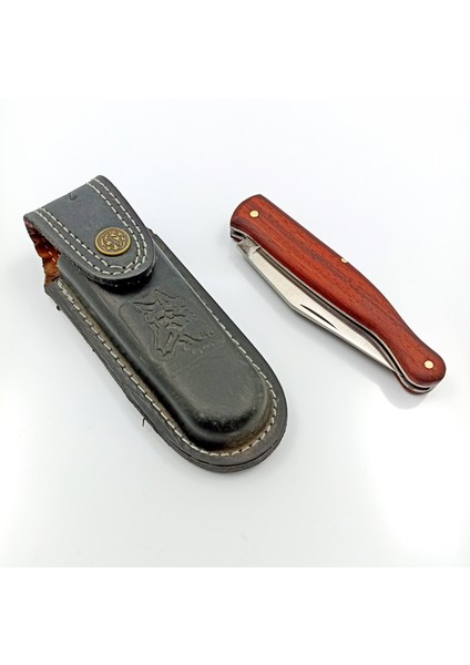 El Yapımı Yaylı Çakı Zeytin Kabze Paslanmaz Çakı Deri Kılıflı Cep Bıçağı