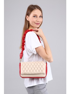 Morpelikan Beyaz Kırmızı Garni Kapitone Nakışlı Kadın Omuz Çantası