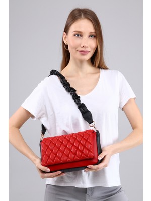 Morpelikan Kırmızı Siyah Garni Kapitone Nakışlı Kadın Omuz Çantası