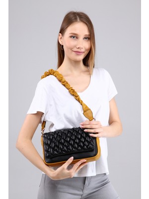 Morpelikan Siyah Hardal Garni Kapitone Nakışlı Kadın Omuz Çantası