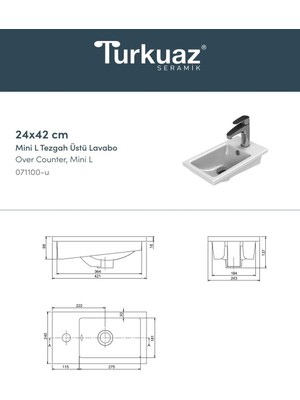 Turkuaz Seramik Turkuaz (Mini L) Dar Alanlar Için Özel Üretim Mini Lavabo 22X44