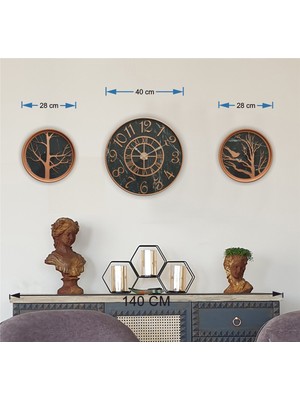 Markakanvas Metal Kasalı Mermer Desenli Duvar Saati ile Daldaki Kuş ve Hayat Ağacı Tablo