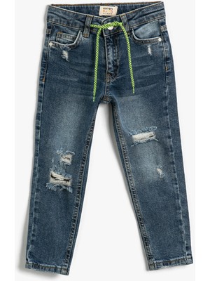 Kot Pantolon Beli Bağlamalı Yıpratılmış Cepli Pamuklu - Skinny Jean