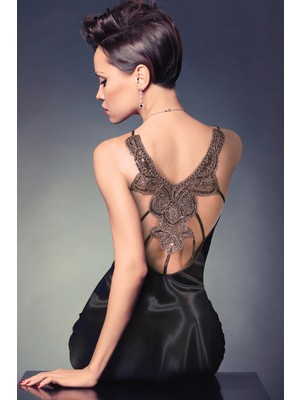 Miorre Kadın Mini Gecelik Saten Kumaş Sırt Dekolteli Güpür Detaylı Zarif Tasarım