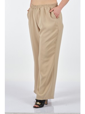 Galaxi Cepli Bol Paça Yüksek Bel Lastikli Bej Bayan Pantolon 2212001003
