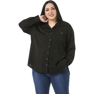 Disentis Modest Büyük Beden Deri Cep Kapaklı Yanları Açılabilir Düğme Detaylı Arkası Uzun Siyah Gömlek