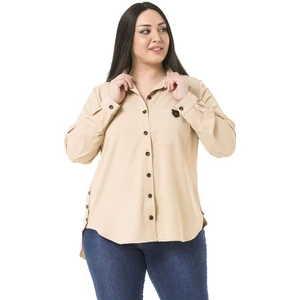 Disentis Modest Büyük Beden Deri Cep Kapaklı Yanları Açılabilir Düğme Detaylı Arkası Uzun Bej Rengi Gömlek
