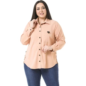 Disentis Modest Büyük Beden Deri Cep Kapaklı Yanları Açılabilir Düğme Detaylı Arkası Uzun Somon Gömlek