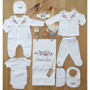 Kız Bebek Ekru 10'lu Hastane Çıkışı Natural Işlemeli Set