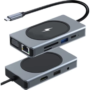 9in1 USB Type-C Hub Port Adaptör 4K HDMI USB Ethernet Pd Girişli 15W Kablosuz Şarj