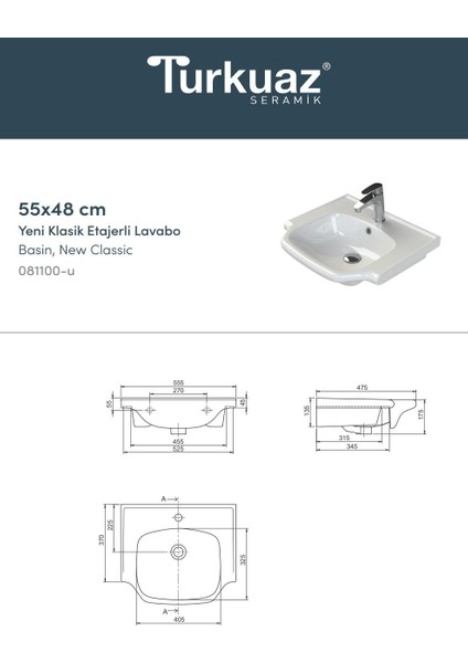 Seramik Turkuaz Cerastyle Yeni Klasik Mobilya Uyumlu Etajerli Lavabo 55CM fiyatları