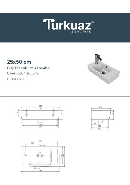 Seramik Turkuaz Cerastyle (City) Dar Alanlar Için Özel Lavabo 25X50 (Sol) modelleri