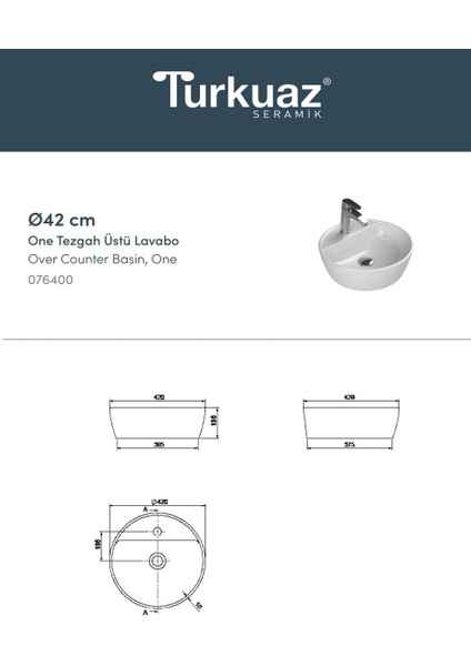 Seramik Turkuaz Cerastyle Tezgah Üstü Çanak Lavabo One 42 Q Yuvarlak modelleri