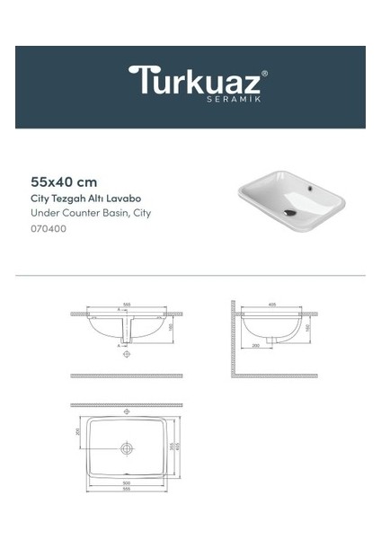 Seramik Turkuaz Cerastyle City Tezgah Altı Hilton Lavabo 55X40 Dikdörtge fiyatları