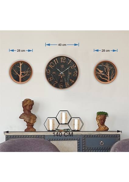 Metal Kasalı Mermer Desenli Duvar Saati ile Daldaki Kuş ve Hayat Ağacı Tablo