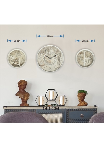 Metal Kasalı Mermer Desenli Duvar Saati ile Daldaki Kuş ve Hayat Ağacı Tablo