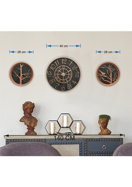 Metal Kasalı Mermer Desenli Duvar Saati ile Daldaki Kuş ve Hayat Ağacı Tablo