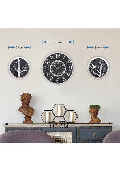 Metal Kasalı Mermer Desenli Duvar Saati ile Daldaki Kuş ve Hayat Ağacı Tablo