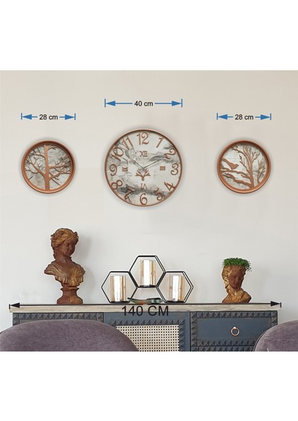 Metal Kasalı Mermer Desenli Duvar Saati ile Daldaki Kuş ve Hayat Ağacı Tablo