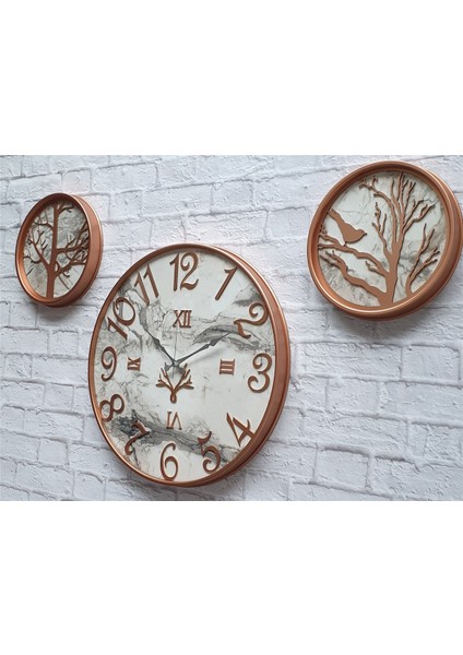 Metal Kasalı Mermer Desenli Duvar Saati ile Daldaki Kuş ve Hayat Ağacı Tablo fiyatları