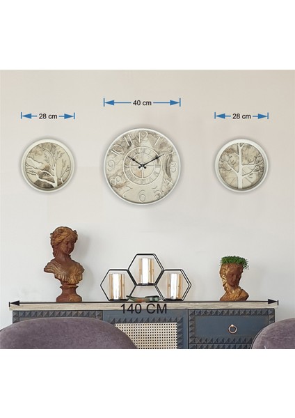 Metal Kasalı Mermer Desenli Duvar Saati ile Daldaki Kuş ve Hayat Ağacı Tablo