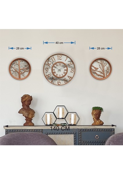 Metal Kasalı Mermer Desenli Duvar Saati ile Daldaki Kuş ve Hayat Ağacı Tablo