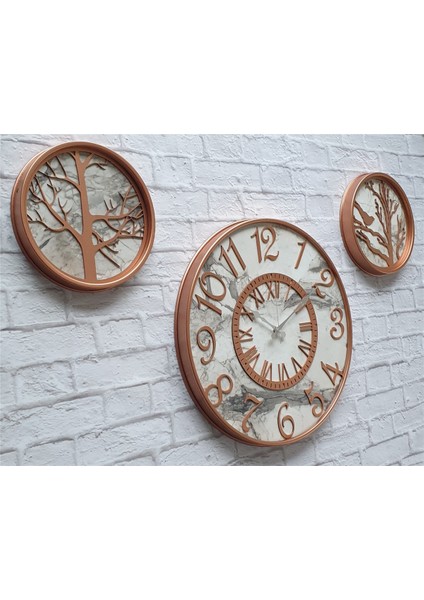 Metal Kasalı Mermer Desenli Duvar Saati ile Daldaki Kuş ve Hayat Ağacı Tablo modelleri