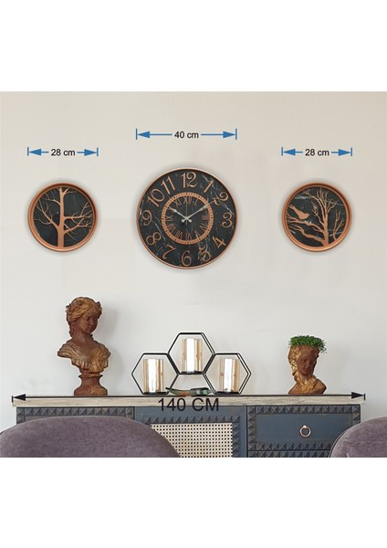Metal Kasalı Mermer Desenli Duvar Saati ile Daldaki Kuş ve Hayat Ağacı Tablo