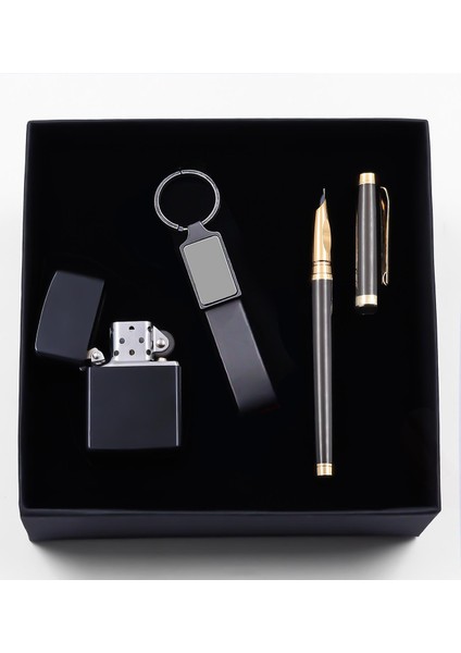 Füme Kalem & Zippo Tarzı Çakmak & Siyah Anahtarlık Seti