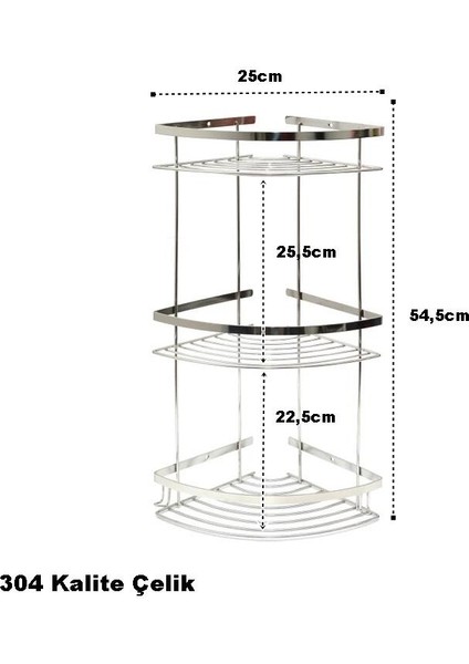 Paslanmaz Üç Gözlü Banyo Köşe Rafı Şampuanlık 304 Kalite Paslanmaz ÇELIK-GNRL2020