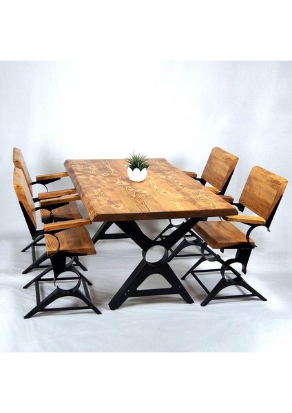 Doğal Ağaç Masif Ahşap Yemek Masası 75 cm x 185 cm 6 Sandalye